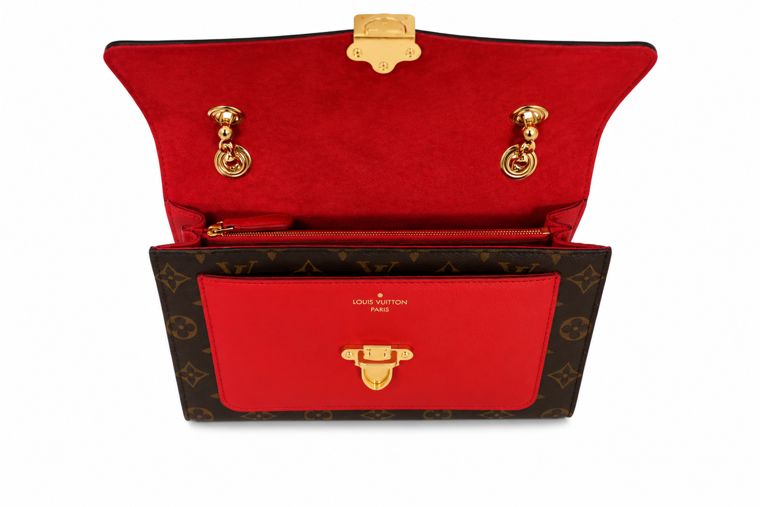 Louis Vuitton monogram canvas clutch with a vibrant red suede-like interior lining and gold-tone hardware, shown open against a white background.