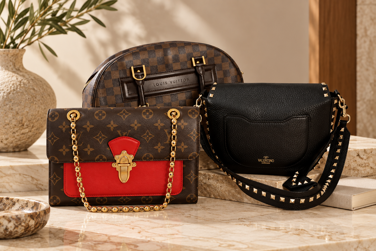 Louis Vuitton and Valentino designer handbags arranged in a warm, luxury editorial setting with marble and travertine accents.