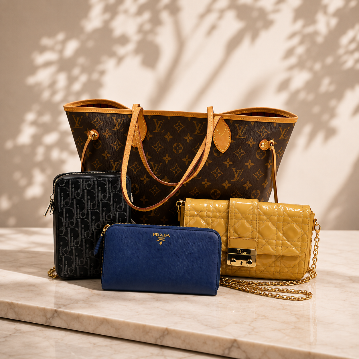 A curated collection of luxury handbags and wallets arranged on a light marble surface against a beige wall with leaf shadows. The collection includes a brown monogram tote bag, a black Dior Oblique wallet, a blue Prada wallet, and a yellow quilted Chanel flap bag with a gold chain strap.