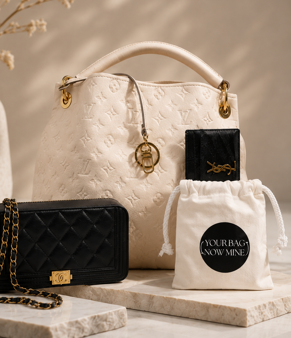 A luxury handbag set displayed on a marble surface, featuring a large cream embossed monogram tote bag, a black quilted wallet with gold chain detailing, a black YSL card holder, and a cream drawstring bag with a circular black label reading 'YOUR BAG, SNOW MINE!'.