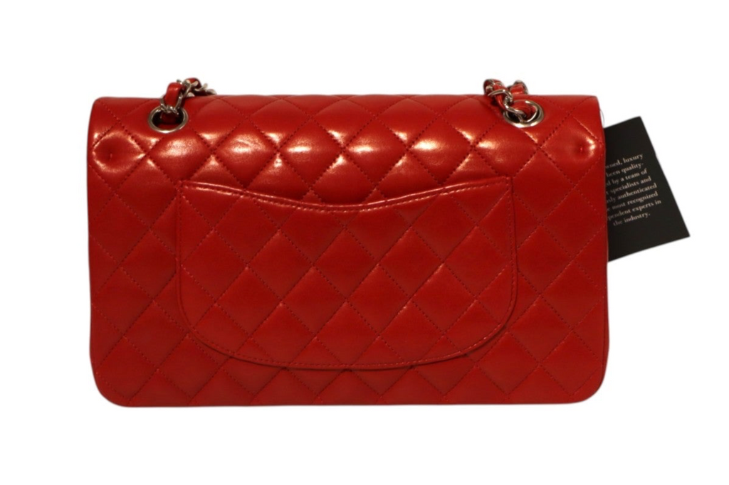 Chanel small red quilted lambskin leather double flap bag with silver-tone chain strap